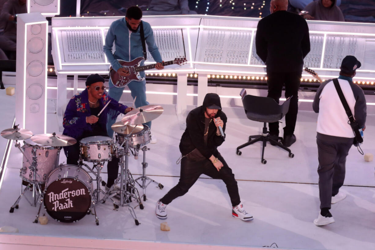 Dr. Dre, Snoop Dogg, Eminem, Mary J. Blige and Kendrick Lamar perform during halftime in Super Bowl LVI at SoFi Stadium on Feb. 13 2022, in Inglewood, Calif. (Allen J.