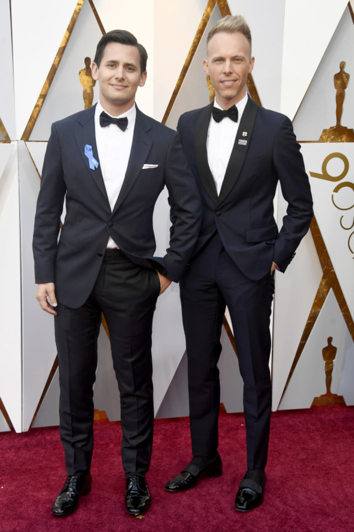 Benj Pasek, left, and Justin Paul attend the 90th Annual Academy Awards at Hollywood &amp; Highland Center on March 4, 2018, in Hollywood, Calif.