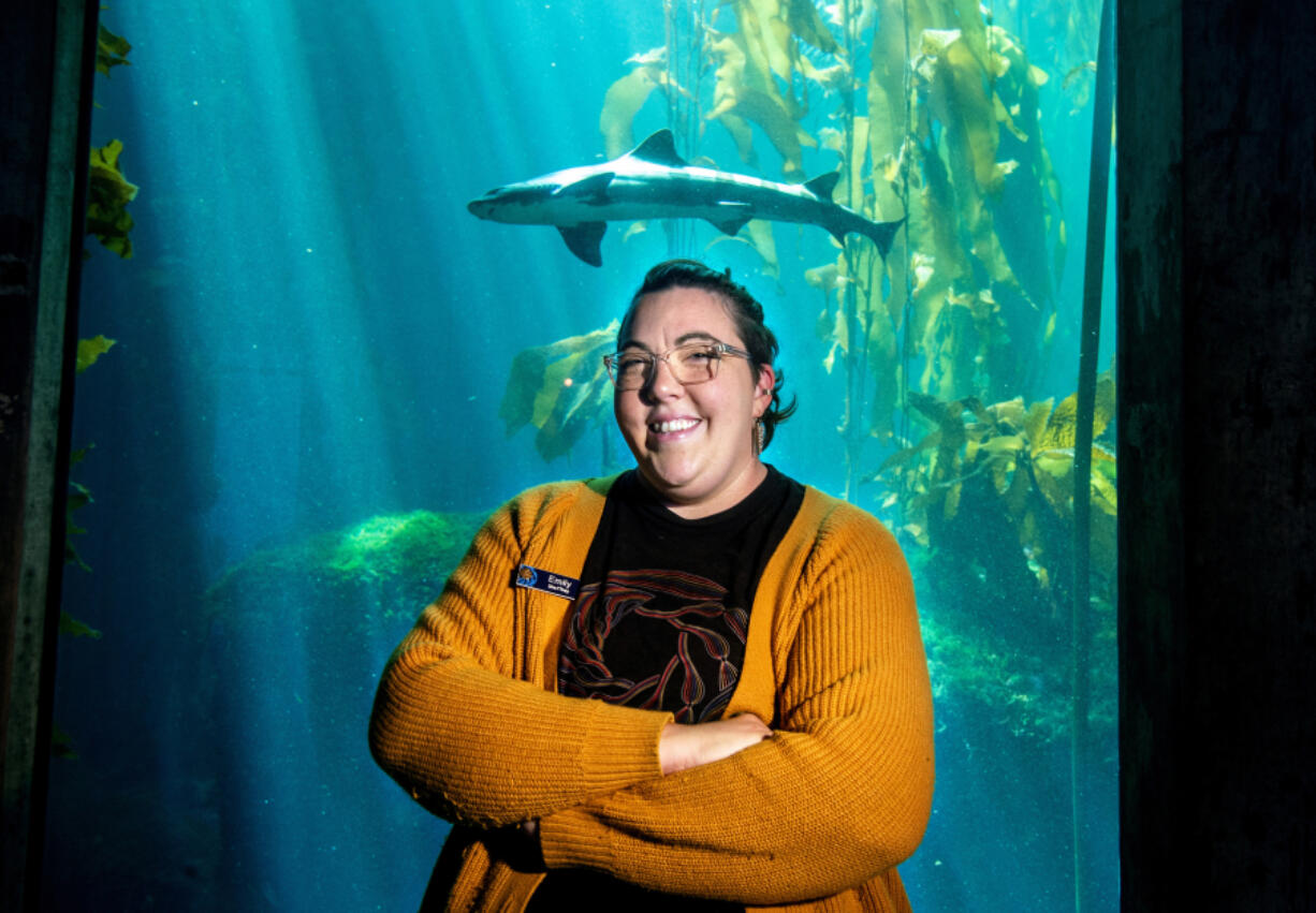 A leopard shark at the Monterey Bay Aquarium&rsquo;s Kelp Forest exhibit swims past Emily Simpson, the Aquarium&rsquo;s &ldquo;Content Strategist&rdquo; in Monterey, Calif., on Sept. 5.