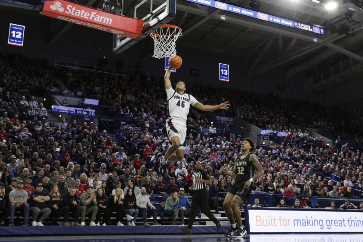 Gonzaga guard Rasir Bolton goes up for a dunk during the first half of a college basketball game against Eastern Oregon, Wednesday, Dec. 28, 2022, in Spokane, Wash.