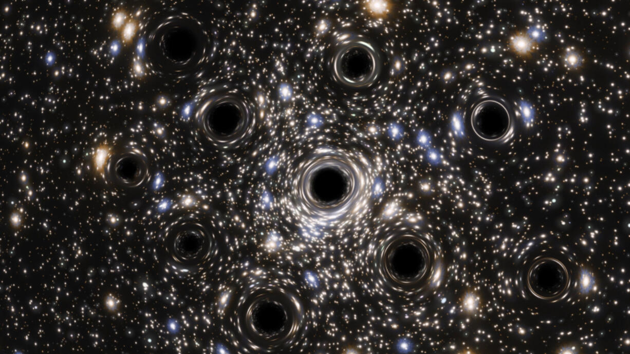 Scientists have studied black holes with the mass of a star for decades. Now, MIT researchers hope to find black holes a trillion times smaller. Above is an artist&rsquo;s rendering of a group of small black holes. (ESA/Hubble, N.