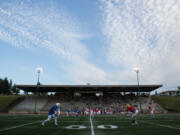 The East All Stars and the West All Stars line up on the line of scrimmage during the Freedom Bowl Classic at McKenzie Stadium in 2019.