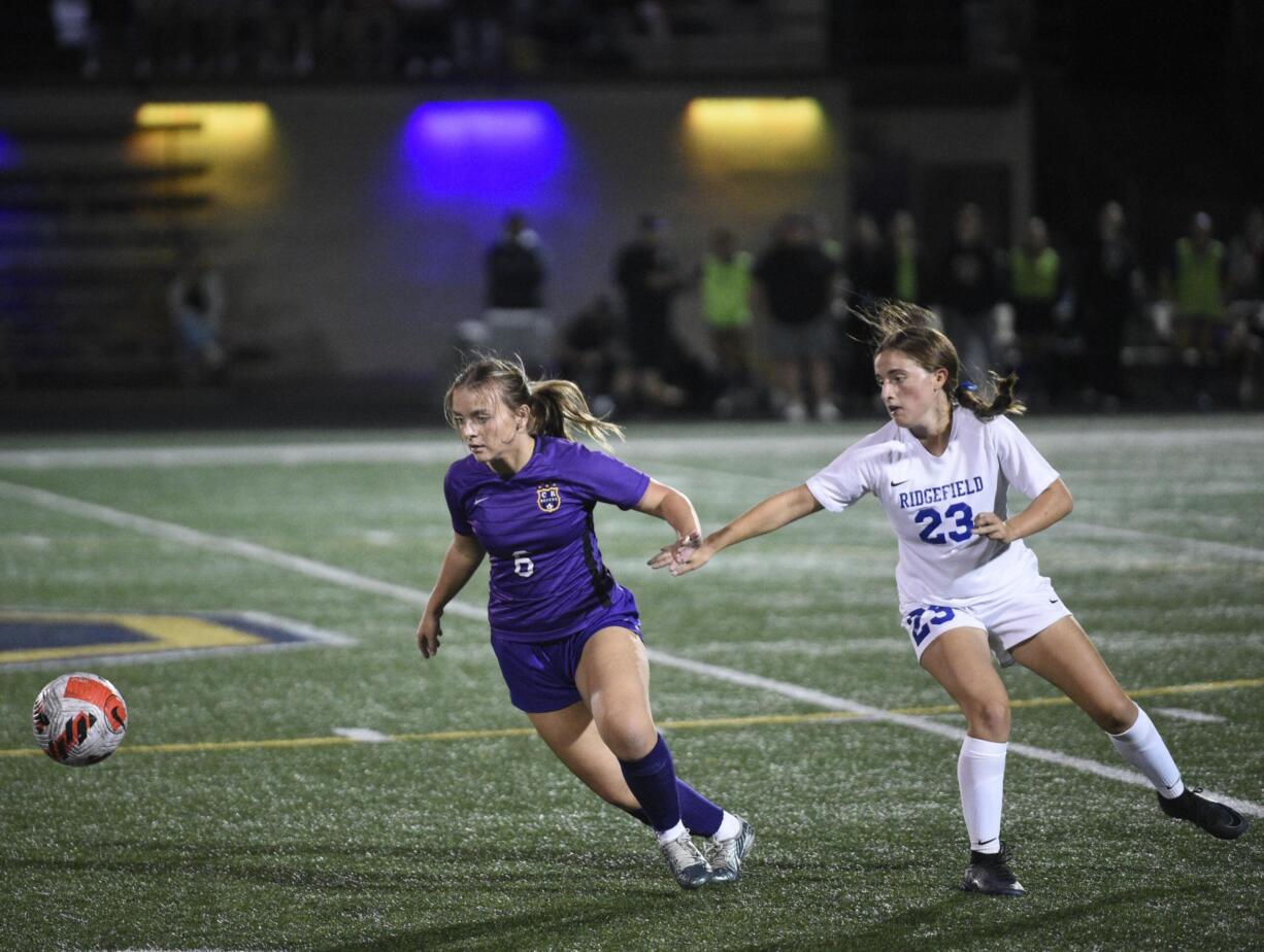 Columbia River's Ivy Henderson (6) goes after the ball while being defended by Ridgefield's Abigail Vance (23) during a 2A GSHL girls soccer game on Thursday, Sept. 26, 2024, at Columbia River High School.