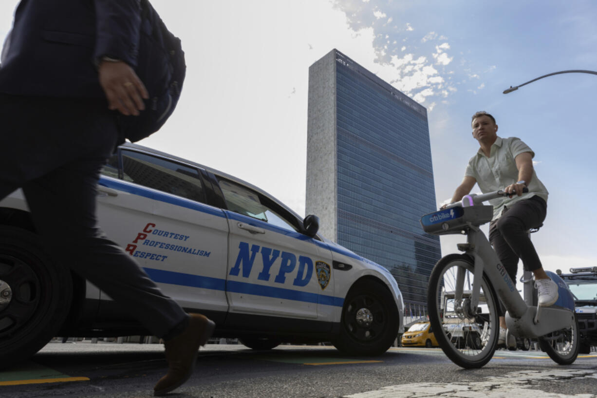 A NYPD patrol car parks across the street from the United Nations Headquarters Sept. 21.