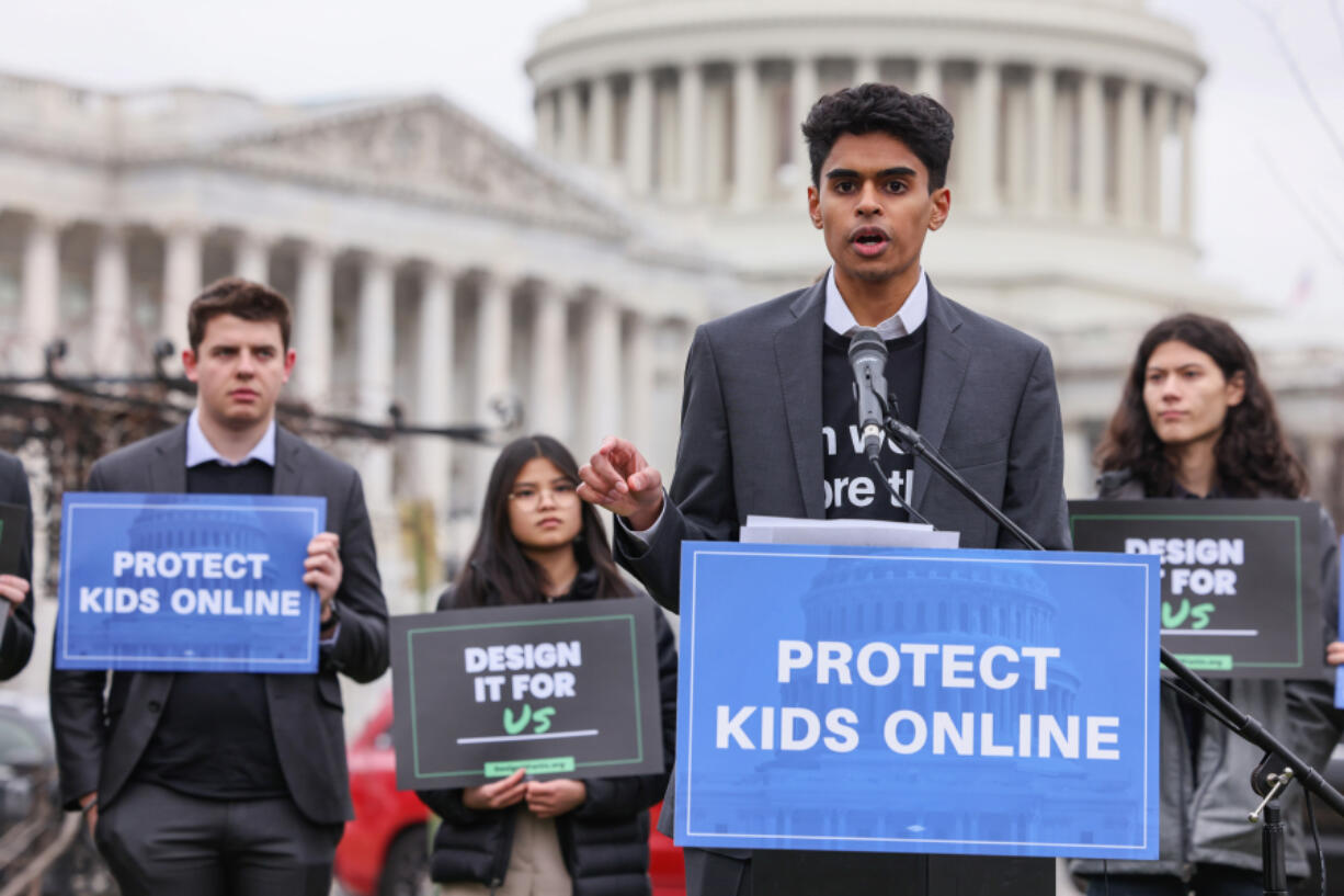 Zamaan Qureshi speaks during a rally organized by Accountable Tech and Design It For Us to hold tech and social media companies accountable for taking steps to protect kids and teens online on Jan. 31, 2024, in Washington, DC.