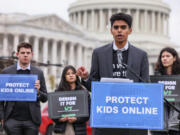 Zamaan Qureshi speaks during a rally organized by Accountable Tech and Design It For Us to hold tech and social media companies accountable for taking steps to protect kids and teens online on Jan. 31, 2024, in Washington, DC.