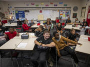 Fifth graders wait for their ELA class to start on Wednesday, Sept. 18, 2024, in Charleroi, Pennsylvania. (Benjamin B.