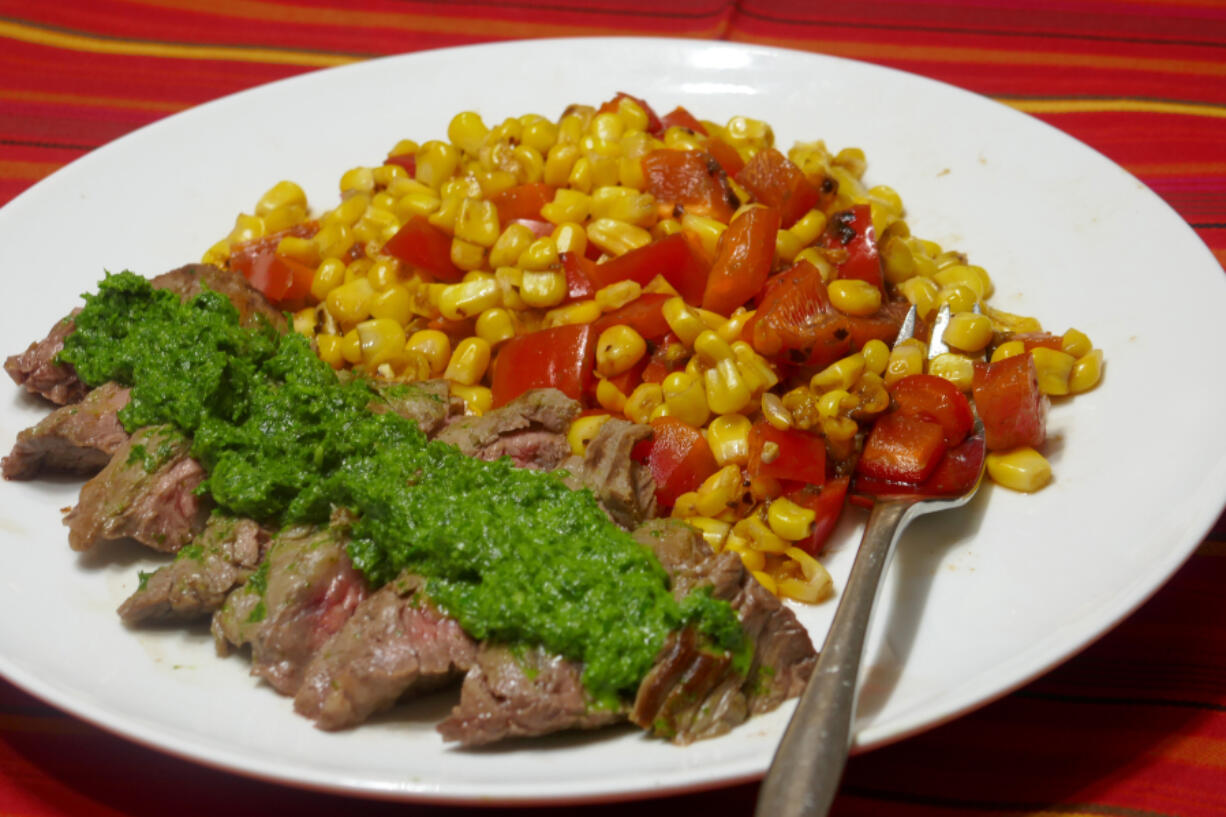 Mexican Chimichurri Skirt Steak with Hot Pepper Corn.