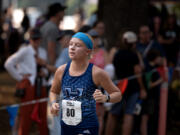 Hockinson's Lyla Taylor keeps the pace while on her way to taking first place in the girls varsity race during the 63rd annual Steve Maas Run-a-Ree cross country race at Hudsons Bay High School on Friday evening, Sept. 6, 2024.