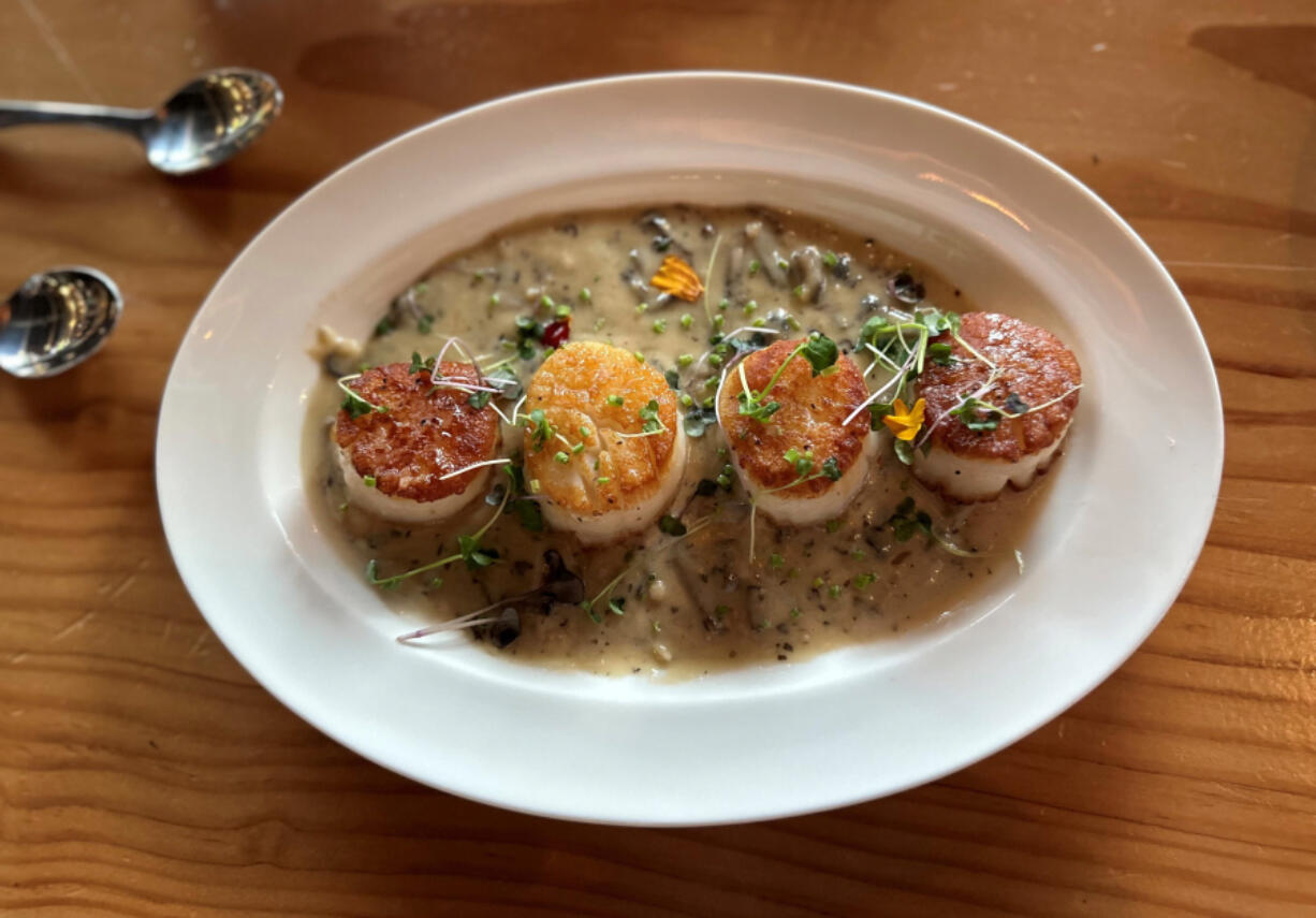 Seared scallops with wild mushroom truffle sauce.