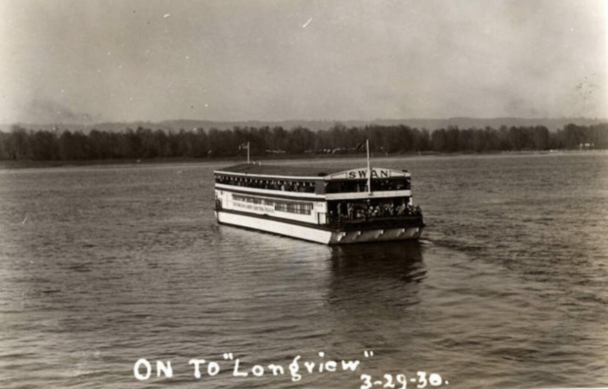 On March 29, 1930, towed by the tug Dix, the Swan carried passengers to celebrate the opening of the longest bridge in the United States at Longview. This photograph was taken the day before the schooner Davenport slammed into the Swan, creating the most devastating inland wreck on the Columbia River.