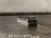 On March 29, 1930, towed by the tug Dix, the Swan carried passengers to celebrate the opening of the longest bridge in the United States at Longview. This photograph was taken the day before the schooner Davenport slammed into the Swan, creating the most devastating inland wreck on the Columbia River.