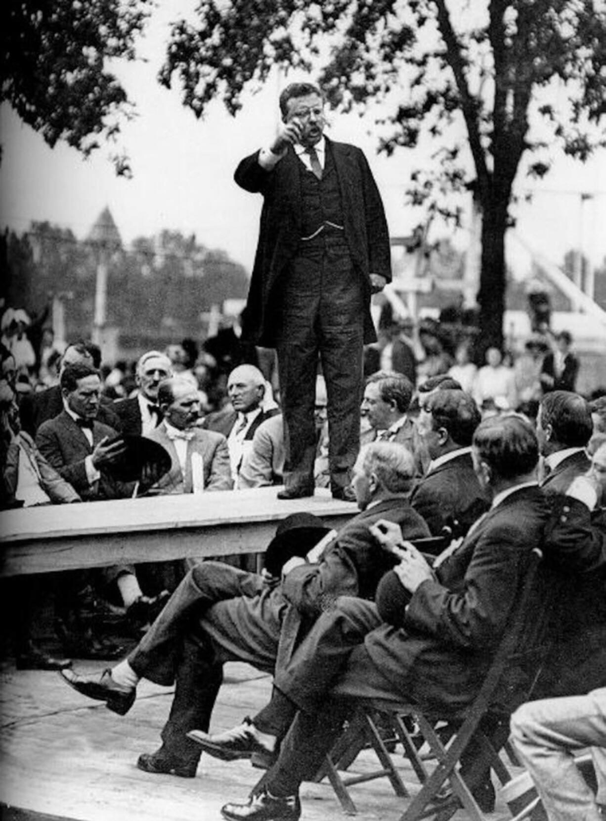 Teddy Roosevelt, photographed here while campaigning in Chicago in 1912, traveled through Vancouver without stopping that year. In 1903, he did speak in Kalama. Vancouver Republicans scheduled an early-morning train so they could hear his speech.