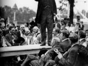 Teddy Roosevelt, photographed here while campaigning in Chicago in 1912, traveled through Vancouver without stopping that year. In 1903, he did speak in Kalama. Vancouver Republicans scheduled an early-morning train so they could hear his speech.