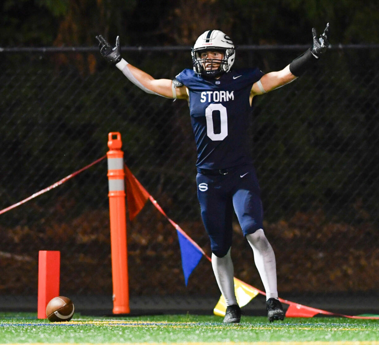 Skyview senior Rex Allinger celebrates a touchdown Friday during the Storm&rsquo;s 21-17 comeback win against Graham-Kapowsin.