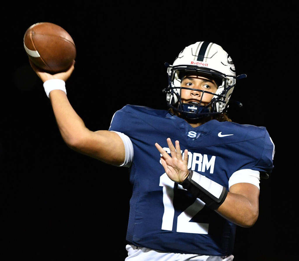 Skyview senior quarterback Doogie Poindexter throws the ball Friday, Sept. 13, 2024, during the Storm’s 21-17 comeback win against Graham-Kapowsin at Kiggins Bowl.