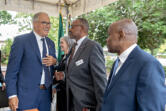 Gov. Jay Inslee, from left, talks with Smart Communities Awards recipients Cassi Marshall of the Port of Camas-Washougal, Franklin Johnson of the Commission on Aging and Oliver Orjiako of Clark County Community Planning outside the Clark County Public Service Center on Thursday afternoon.