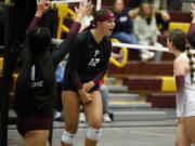 Prairie&#039;s Gracie Jacoby (12) celebrates a point during a volleyball match against Skyview on Thursday, Sept. 12, 2024 at Prairie High School.