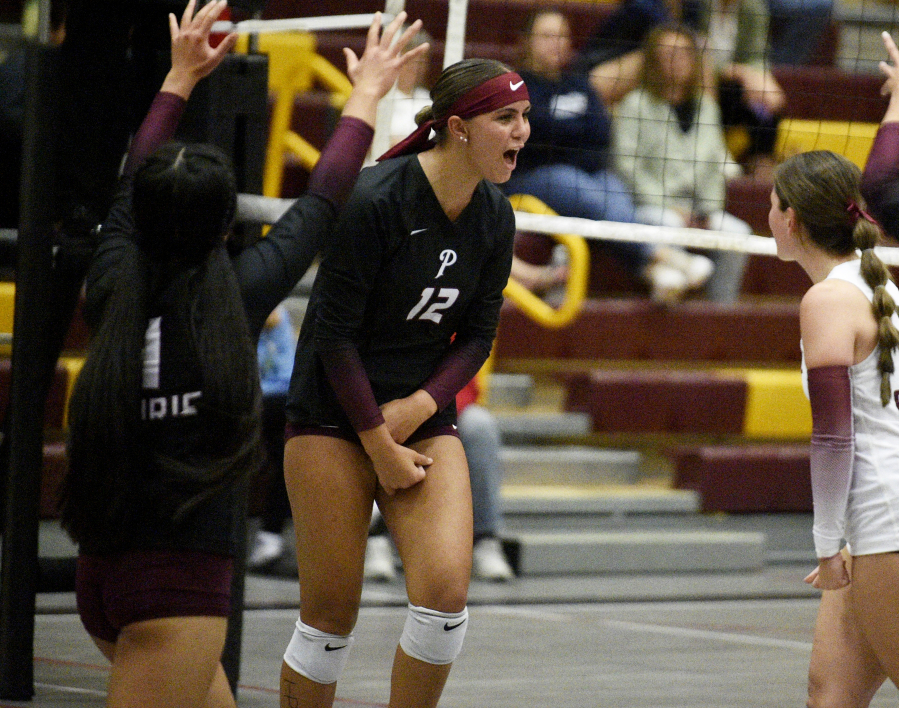 Prairie&#039;s Gracie Jacoby (12) celebrates a point during a volleyball match against Skyview on Thursday, Sept. 12, 2024 at Prairie High School.