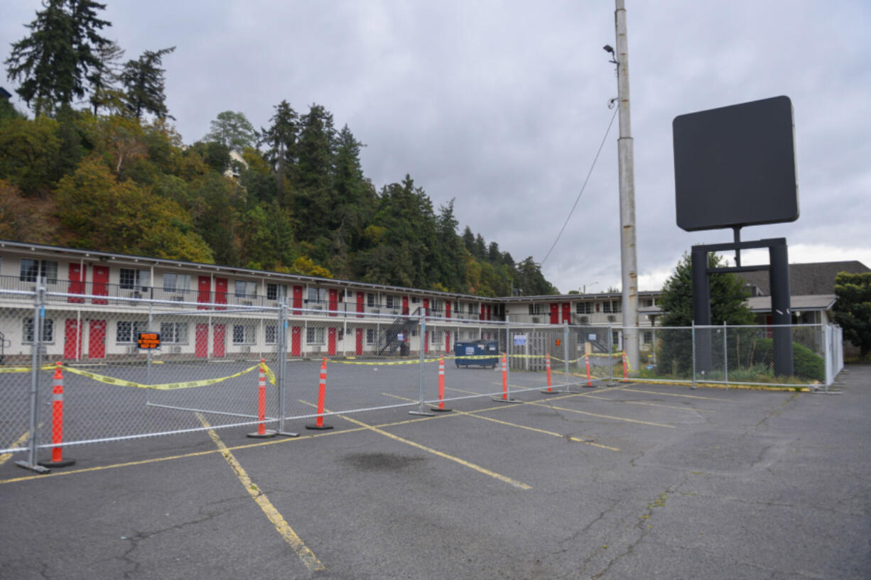 A fence blocks access to Kalama&rsquo;s OYO Hotel, which the Port of Kalama will demolish soon.