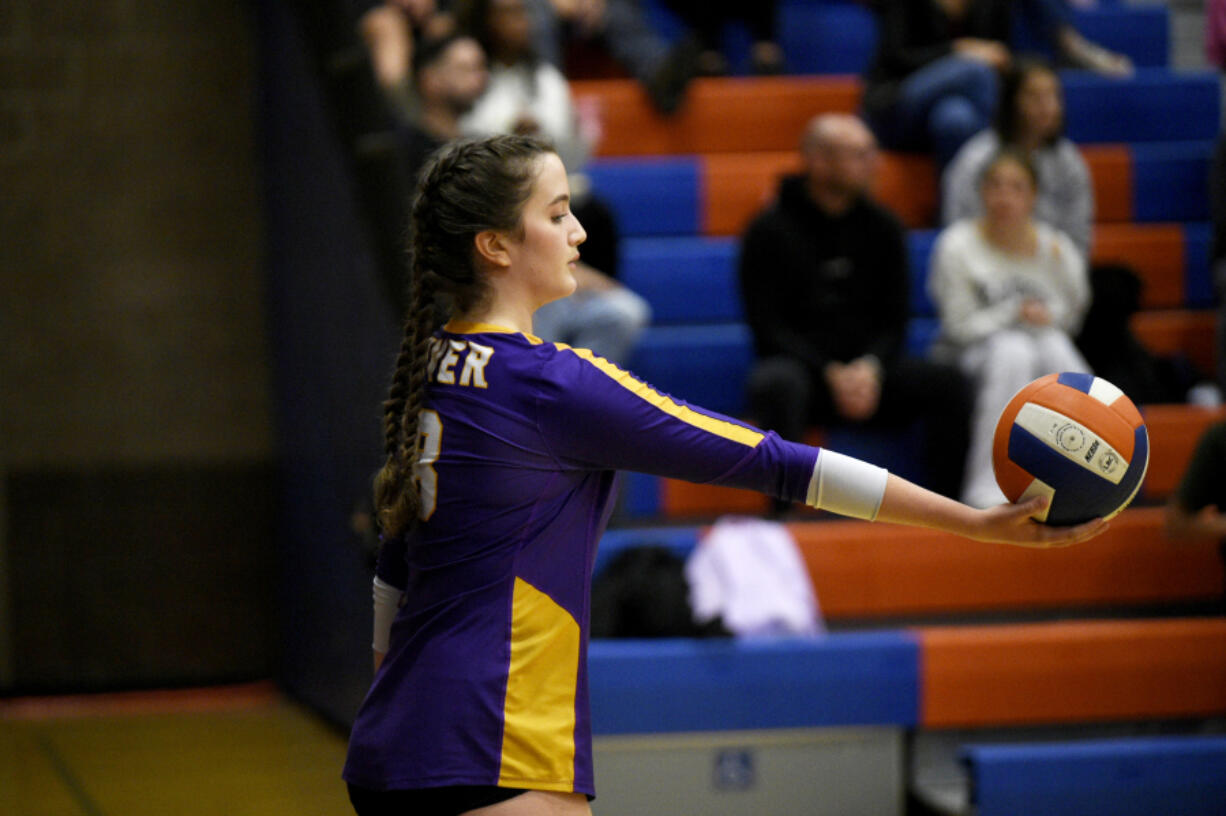 Columbia River's Sophia Gourley prepares to serve during a Class 2A Greater St. Helens League volleyball match against Ridgefield on Tuesday, Sept. 17, 2024 at Ridgefield High School.