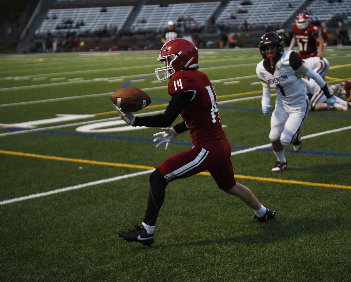 Ayden Hyde of Fort Vancouver juggles to control the ball during a 1A Trico League football game against Stevenson at Kiggins Bowl on Friday, Sept. 20, 2024.