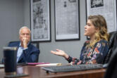 Rep. Paul Harris, R-Vancouver, left, listens as White Salmon Mayor Marla Keethler answers a question Tuesday during an editorial board meeting at The Columbian. The two are vying for the 17th Legislative District Senate seat.