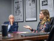 Rep. Paul Harris, R-Vancouver, left, listens as White Salmon Mayor Marla Keethler answers a question Tuesday during an editorial board meeting at The Columbian. The two are vying for the 17th Legislative District Senate seat.