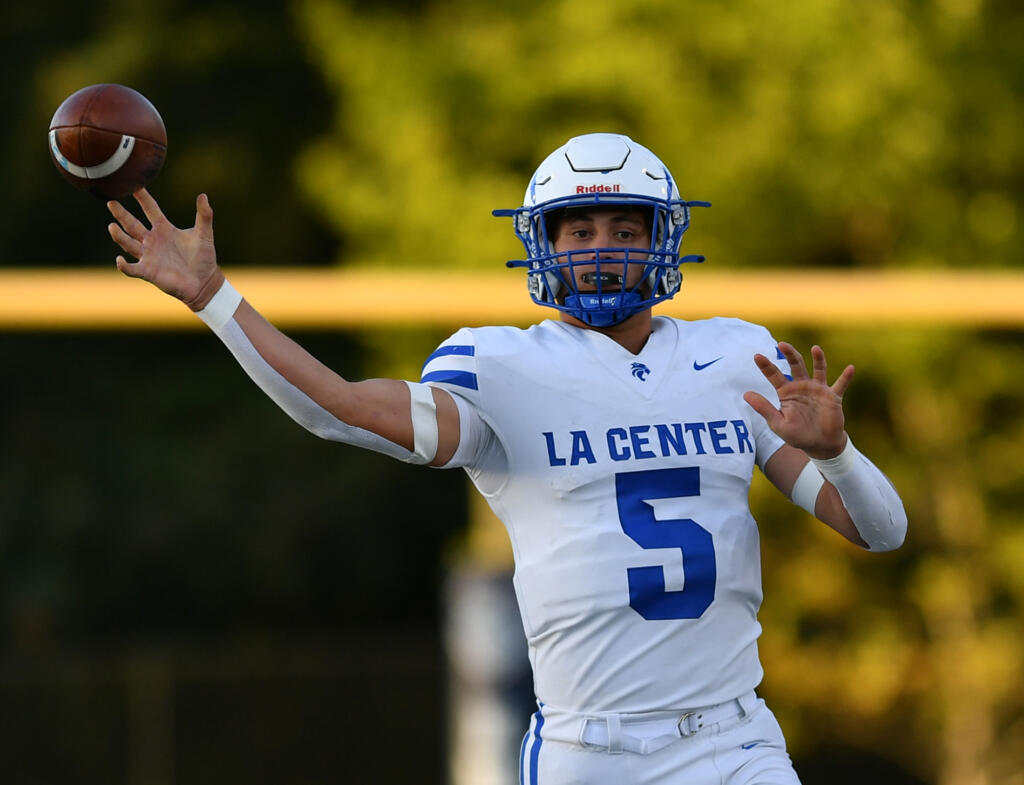 La Center senior Wyatt Eiesland throws the football Friday, Sept. 27, 2024, during La Center’s 34-0 win against King’s Way at King’s Way Christian School.