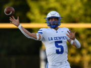 La Center senior Wyatt Eiesland throws the football Friday, Sept. 27, 2024, during La Center’s 34-0 win against King’s Way at King’s Way Christian School.