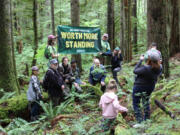 During an August forest walk through the Dabbler timberland, residents and volunteers hold up a sign calling for its preservation. A planned timber harvest is on the state Board of Natural Resource November agenda.