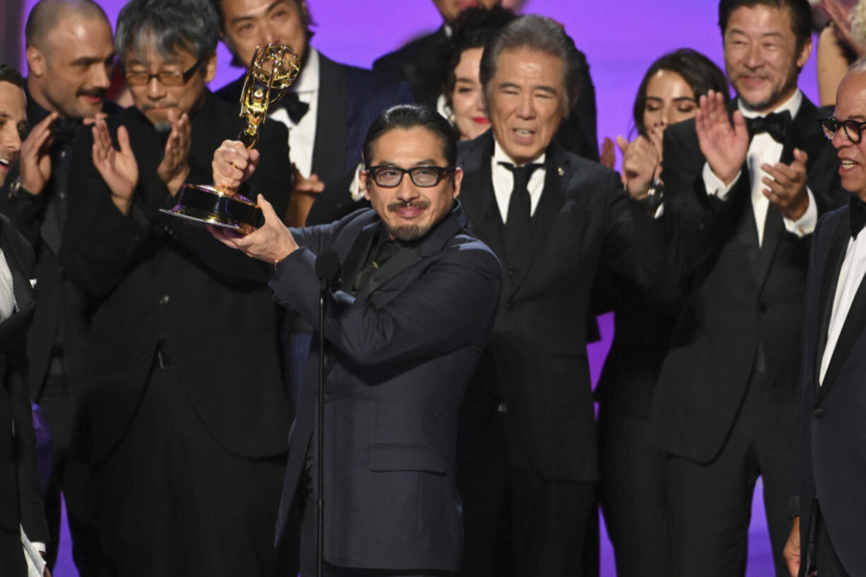 IMAGE DISTRIBUTED FOR THE TELEVISION ACADEMY &ndash; Hiroyuki Sanada, center, and the team from &ldquo;Shogun&rdquo; accept the award for outstanding drama series at the 76th Emmy Awards on Sunday, Sept. 15, 2024 at the Peacock Theater in Los Angeles.