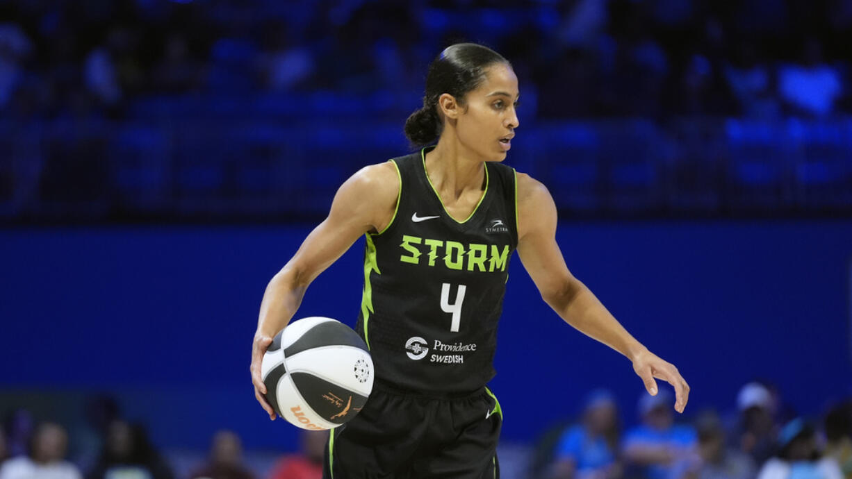 Seattle Storm guard Skylar Diggins-Smith scored 18 points to help Seattle win at Connecticut, 71-64, on Tuesday, Sept. 3, 2024.