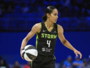 Seattle Storm guard Skylar Diggins-Smith scored 18 points to help Seattle win at Connecticut, 71-64, on Tuesday, Sept. 3, 2024.