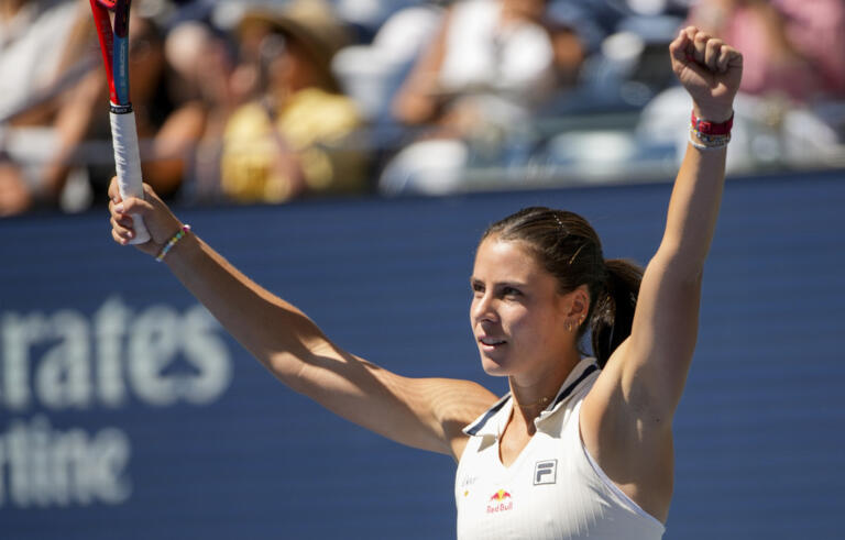 Emma Navarro, of the United States, reacts after defeating Paula Badosa, of Spain, during the quarterfinals of the U.S. Open tennis championships, Tuesday, Sept. 3, 2024, in New York.