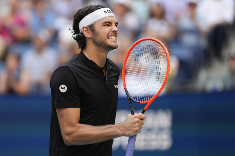 Taylor Fritz, of the United States, reacts in the fourth set against Alexander Zverev, of Germany, during the quarterfinals of the U.S. Open tennis championships, Tuesday, Sept. 3, 2024, in New York.