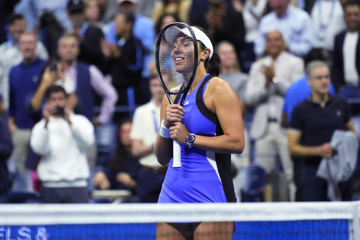 Jessica Pegula, of the United States, reacts after defeating Iga Świątek, of Poland, during the quarterfinals of the U.S. Open tennis championships, Wednesday, Sept. 4, 2024, in New York.