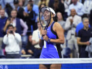 Jessica Pegula, of the United States, reacts after defeating Iga Świątek, of Poland, during the quarterfinals of the U.S. Open tennis championships, Wednesday, Sept. 4, 2024, in New York.