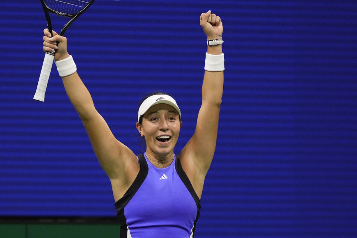 Jessica Pegula, of the United States, reacts after defeating Karolina Muchova, of the Czech Republic, during the women's singles semifinals of the U.S. Open tennis championships, Thursday, Sept. 5, 2024, in New York.