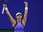 Jessica Pegula, of the United States, reacts after defeating Karolina Muchova, of the Czech Republic, during the women's singles semifinals of the U.S. Open tennis championships, Thursday, Sept. 5, 2024, in New York.