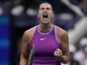 Aryna Sabalenka, of Belarus, reacts against Jessica Pegula, of the United States, during the women's singles final of the U.S. Open tennis championships, Saturday, Sept. 7, 2024, in New York.