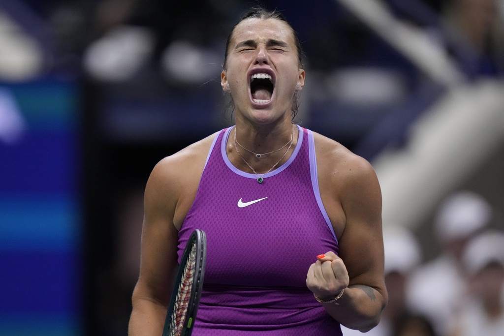 Aryna Sabalenka, of Belarus, reacts against Jessica Pegula, of the United States, during the women's singles final of the U.S. Open tennis championships, Saturday, Sept. 7, 2024, in New York.