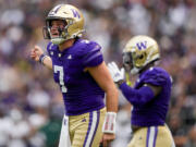 Washington quarterback Will Rogers (7) reacts during the first half of an NCAA college football game against Eastern Michigan, Saturday, Sept. 7, 2024, in Seattle.