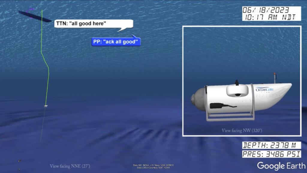 In a still from from a video animation provided by the United States Coast Guard an illustration of the Titan submersible, right, is shown near the ocean floor of the Atlantic Ocean, as June 18, 2023 communications between the submersible and the support vessel Polar Prince, not shown, are represented at left.