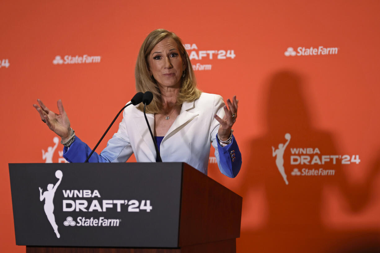 FILE - WNBA commissioner Cathy Engelbert speaks to the media before the WNBA basketball draft on Monday, April 15, 2024, in New York.