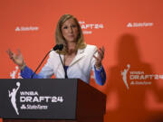 FILE - WNBA commissioner Cathy Engelbert speaks to the media before the WNBA basketball draft on Monday, April 15, 2024, in New York.