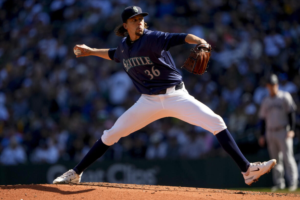 Seattle Mariners starting pitcher Logan Gilbert throws against the New York Yankees during the second inning of a baseball game Thursday, Sept. 19, 2024, in Seattle.