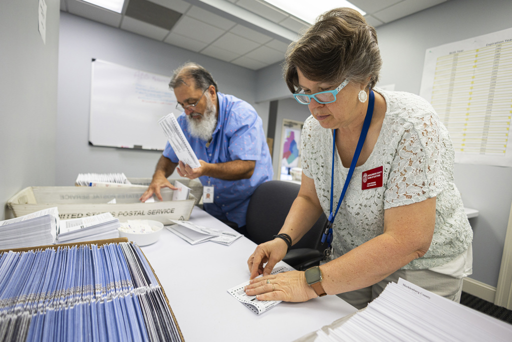 FILE - Dawn Stephens, right, and Duane Taylor prepare ballots to be mailed at the Mecklenburg County Board of Elections in Charlotte, N.C., Sept. 5, 2024.