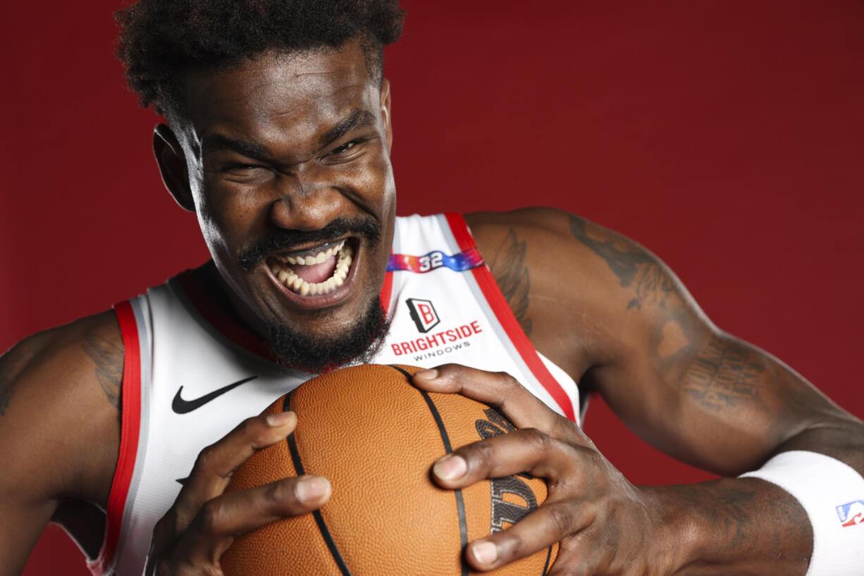 Portland Trail Blazers center Deandre Ayton poses for a photo during the NBA basketball team's media day in Portland, Ore., Monday, Sept. 30, 2024.