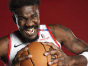 Portland Trail Blazers center Deandre Ayton poses for a photo during the NBA basketball team's media day in Portland, Ore., Monday, Sept. 30, 2024.